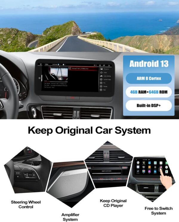 camecho android 13 pour audi q5 8r radio multimédia 2009 2017 radio multimédia avec écran tactile 10,25 pouces, système nbt, 4 go de ram + 64 go de rom, carplay/android auto/bluetooth/wifi/4g