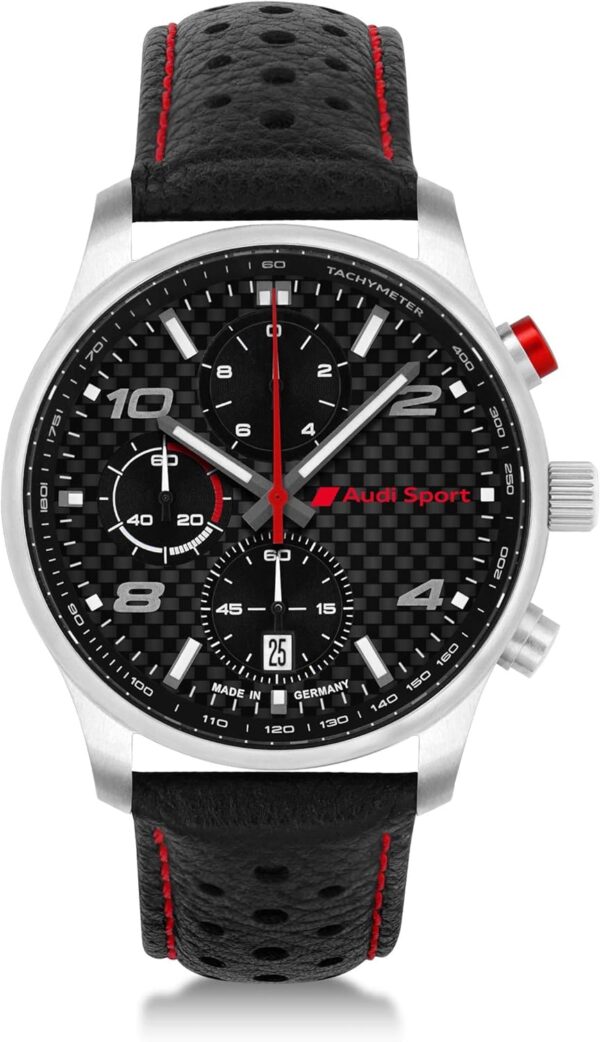 audi collection chronographe carbon sport montre homme bracelet cuir noir/argent/rouge 3102200600