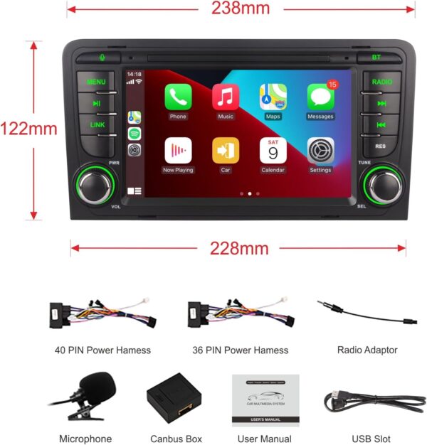 autoradio dsp avec sans fil apple carplay et android auto intégré pour audi a3 8p 8p1 8pa 8p7 8vs s3 rs3 sportback 2003 2013 compatible commande au volant am fm rds radio bluetooth ips écran eq navi