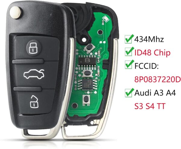 heart horse Étui à clé de voiture à distance, étui à clé à rabat à 3 boutons coque de clé à distance pour clé à distance au di a3 a4 s3 s4 tt avec puce id48 434 mhz