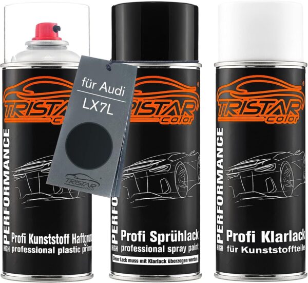 tristarcolor kit de peinture en spray pour voiture en plastique pour audi lx7l manhattengrau peinture de base à adhérence métallique, vernis transparent avec plastifiant