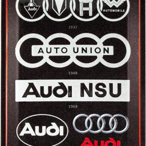 nostalgic art plaque vintage audi – logo evolution – idée cadeau pour les fans de voitures, métal, design rétro pour la décoration, 30 x 40 cm