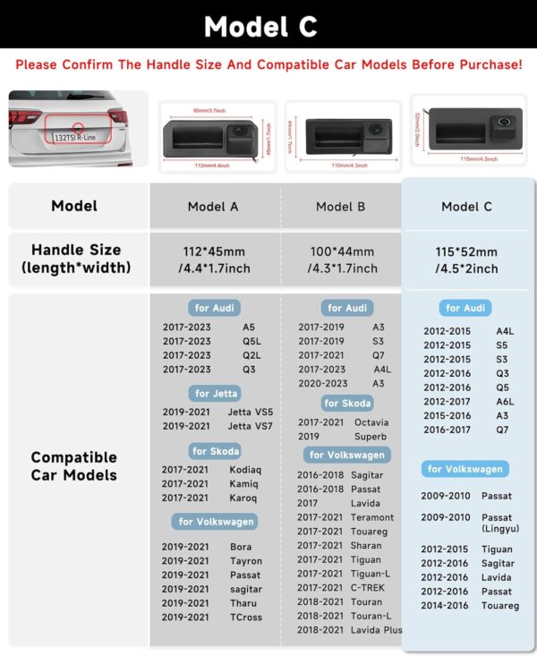 hodozzy caméra de recul à 170 degrés pour vw/audi, ahd et cvbs ip67 étanche à vision nocturne avec poignée de coffre de voiture pour tiguan passat sagitar pour audi a6l a5 a4l q7